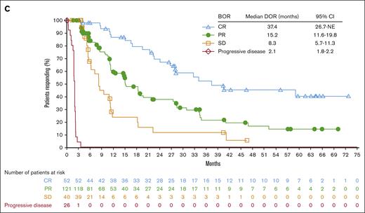 Efficacy endpoints: duration of response and progression-free survival. DOR according to the BOR (A), PFS according to the cohort (B), and PFS according to the BOR (C). NE, not estimable; SD, stable disease.