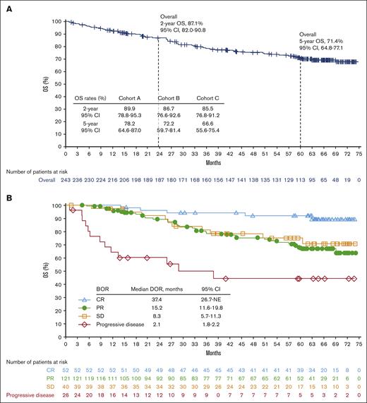 Efficacy endpoints: Overall survival and best overall responses. OS according to the cohort (A) and BOR (B). Of the 65 deaths, causes included disease progression (n = 36), graft-versus-host disease (n = 5), sepsis and/or septic shock (n = 3), pneumonia (n = 3), cardiac arrest (n = 2), multiple organ failure (n = 2), lung cancer (n = 1), Epstein-Barr virus-positive T-cell lymphoma with multiple organ failure (n = 1), adverse reaction to allo-HCT (n = 1), allo-HCT complicated by graft-versus-host disease (n = 1), heart failure (n = 1), post-transplant complications (n = 1), respiratory infection (n = 1), hemorrhagic cystitis (n = 1), acute hypoxemic respiratory failure secondary to pneumocystic pneumonia (n = 1), and unknown causes (n = 5).