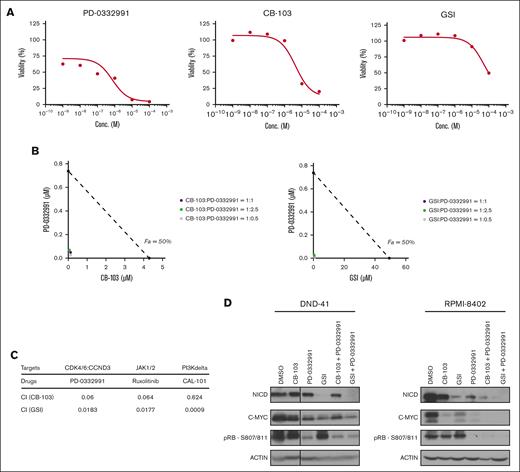 In vitro synergy between Notch inhibitors and multiple targeted therapies identified from the CRISPR screen. (A) Cell viability assay of T-ALL cells in response to PD-0332991, CB-103, or GSI. (B) Isobologram plots of T-ALL cells in response to a serial dilution of combination treatment of PD-0332991 with CB-103 (left) or GSI (right), starting at 3 ratios of their corresponding 50% inhibitory concentration. Purple, ratio (Notch inhibitor: PD-0332991) = 1:1; green, ratio = 1:2.5; gray, ratio = 1:0.5. x-axis shows the concentration of CB-103. The values shown are mean ± SD (n = 4 biologically independent samples, 2 independent experiments performed). (C) Table summarizing combination index (CI) of Notch inhibitors together with PD-0332991, Ruxolitinib, or CAL-101. (D) Total protein levels of NICD and c-MYC as well as phosphorylation level of p-RB in DND-41 cells (left) and RPMI-8402 cells (right). Cells were treated with DMSO or corresponding single drugs or drug combinations for 24 hours. Actin was used as the loading control.