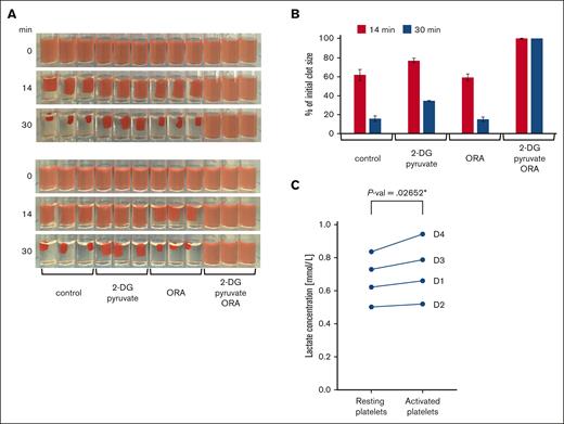 Energy production in platelets during clot retraction. (A) Clot retraction in the presence of glycolysis and oxphos inhibitors. PRP was adjusted to a platelet concentration of 1 × 108/mL with PBS and then preincubated for 20 minutes at RT with vehicle as control or the glycolysis inhibitor 2-deoxy-D-glucose (2-DG, 30 mM, supplemented with 2 mM pyruvate) or a combination of mitochondrial inhibitors, 4 μM oligomycin, 5 μM rotenone, 15 μM antimycin (ORA) as well as with both the glycolysis and oxphos inhibitors (2-DG + pyruvate/ORA). Clot formation was then initiated by addition of thrombin to a final concentration of 2.5 U/mL and clots were kept at RT. Shown are triplicate samples, and photos were taken at different time points during clot retraction as indicated. The retraction assay was repeated twice with the same samples. In the upper panels, clot formation was induced successively from left to right (ie, beginning with control conditions) and in the bottom panels, from right to left (ie, beginning with 2-DG+pyruvate/ORA conditions). This allows to compensate for the delay in the onset of clot induction. Images are representative of 4 independent experiments using platelets from 4 different donors. (B) The extent of clot retraction was quantified as percent of the initial clot volume using the images shown in panel A. Results are expressed as means ± standard deviations. (C) Quantification of lactate release during clot retraction. The concentration of lactate was determined in the serum extruded from triplicates of control clots from 4 different donors (D1-D4) after 30 minutes of retraction and compared with parallel triplicate samples of resting platelets (“Methods”). Data comparison was done using paired 2-tailed t test.