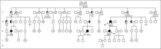 Pedigree for the family with MonoMAC syndrome. Family pedigree with the generation indicated on the left. Bone marrow failure cases are shown with full shading, confirmed carriers of the GATA2 enhancer mutant are shown with left half shading, and other obligate carriers are shown with a shaded inner circle. The patients who underwent transplantation in this study are indicated with red arrows, and patient 1 is the female on the left, and patient 2 is the male on right. Patients 3 and 4 are shown with blue arrows. Suspected MonoMAC syndrome cases are shown with upper left quarter shading. Deceased individuals are indicated with a diagonal line with the age of death in years indicated when known (d). A diamond indicates individuals of unspecified sex with the number given or “n” for an undetermined number of individuals. An asterisk (∗) indicates genotyped individuals for the GATA2 enhancer mutation (red, RefSeq allele; blue, novel variant; and black, RefSeq in individuals not in line for inheritance of the novel variant). Clinical data for other family members are indicated when known. AA, aplastic anemia; ca, cancer; TB, tuberculosis.