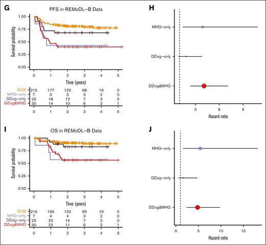 Outcomes in dark-zone DLBCL. Left panels show Kaplan-Meier curves indicating the survival probability across the GEP classification subgroups, including tables of numbers at risk. Right panels show forest plots indicating the unadjusted hazard ratio and 95% confidence interval of each dark-zone group relative to GCB-DLBCL. (A-B) Progression-free survival and (C-D) overall survival in the DLC cohort. (E-F) Overall survival in the HMDS cohort. (G-H) Progression-free survival and (I-J) overall survival in the REMoDL-B cohort. All survival analyses were performed in patients with de novo DLBCL treated with R-CHOP.