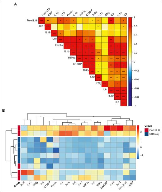 Correlation matrix and heatmap with unsupervised clustering comparing the relationship of IL-18 axis biomarkers and other cytokines during CRS and carHLH. Multiparameter Spearman correlation matrix, comparing the average biomarkers levels per patient from their inflammatory course (A). Heatmap with unsupervised clustering analysis demonstrates the patients with carHLH cluster separately from those with CRS only but form 2 distinct clusters (B). Biomarker levels represent averages from inflammatory course beginning at CRS onset and ending at the timepoint before the response to anti-inflammatory therapy, as defined based on the downtrending levels of total IL-18, IL-18BP, and free IL-18. Analysis was performed in R using the FactoMineR, factoextra, and pheatmap packages. Matrix in panel A was created in R using corrplot package, and significant associations are denoted by ∗P < .05; ∗∗P < .01; ∗∗∗P < .001.