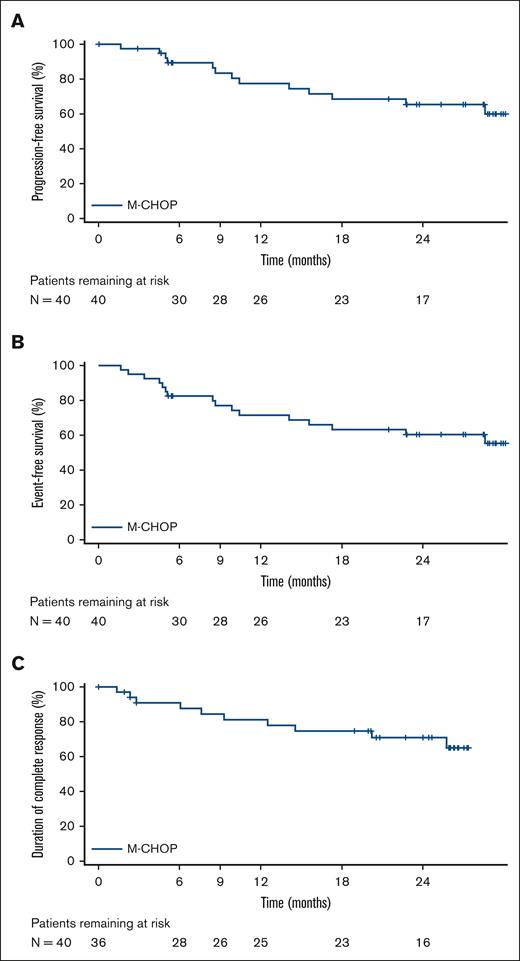 Kaplan-Meier curves for PFS, EFS∗, and DOCR in efficacy-evaluable patients. ∗Events consisted of 8 instances of PD, 5 deaths, and 3 instances of nonstudy next antilymphoma therapy (NALT) being introduced. Of the NALT events, 2 occurred because of AEs leading to early study treatment discontinuation (and subsequent transition to R-CHOP therapy), and 1 NALT event occurred when prophylactic systemic methotrexate was administered in violation of the protocol.