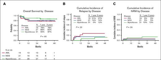 Outcomes according to the disease. (A) OS, (B) relapse rate, and (C) NRM.