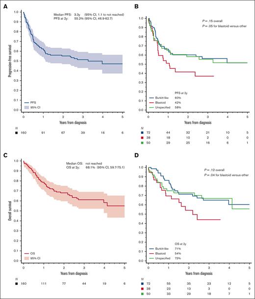 Survival outcomes in HGBL-NOS. (A) PFS for all patients and (B) based on the tumor morphology; (C-D) analogous curves for OS; P values were obtained using log-rank test.