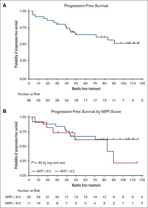 Kaplan-Meier PFS curves. (A) PFS curve; and (B) PFS stratification based on MIPI.