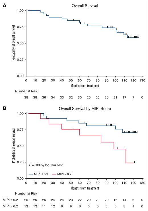 Kaplan-Meier OS curves. (A) OS curve; and (B) OS stratification based on MIPI.