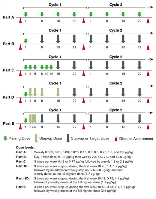 Dosing schedule by study part. Study design for Parts A to E, and respective dose and regimen.