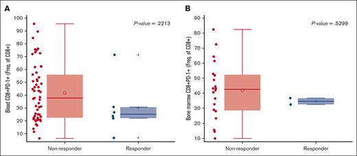 Responders with baseline PD-1 expression on CD8 T cells. Responders had low baseline PD-1 expression in the (A) blood and (B) bone marrow CD8 T cells. Of 111 patients with response evaluable data, n = 61 for the blood and n = 22 for the bone marrow had expression data. Freq., frequency.