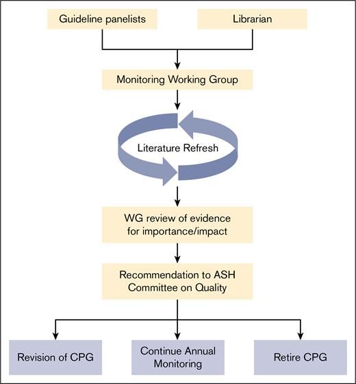 The current strategy to monitor and revise ASH CPGs. A monitoring working group (composed of guideline panelists and a librarian) will initiate the monitoring process 2 years after the initial CPG and annually thereafter. Based on the literature review of new evidence, the working group will decide on the importance and impact on the existing recommendations and make 1 of 3 recommendations to the ASH Committee on Quality: (1) revise the CPG, (2) continue to monitor annually, or (3) retire the CPG. CPG, clinical practice guideline; WG, working group.