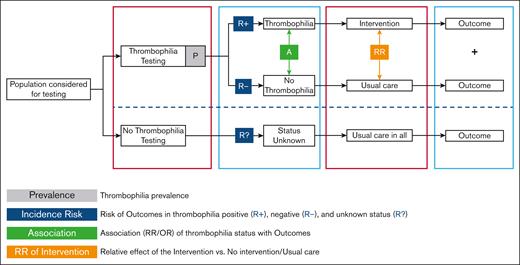 Modeling approach for determining the effect of thrombophilia testing. Population considered for testing: Figure 1 with the guideline flowchart for the different populations for which a recommendation regarding thrombophilia testing was provided. Thrombophilia: any type of thrombophilia or a specific type, depending on whether the recommendation question addresses panel testing or testing for a known specific type in the family. Intervention: course of action other than “usual care.” Depending on the specific question, this means prescribing thromboprophylaxis, withholding thromboprophylaxis, extending thromboprophylaxis, stopping thromboprophylaxis, withholding COCs, or withholding HRT. Usual care: for populations where “usual care” was ambiguous, 2 scenarios were modeled, and separate recommendations were provided (see recommendations 7-10).