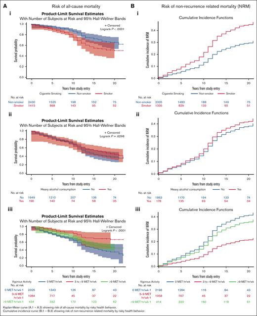 Risk of mortality by risky health behaviors. (A) Risk of all-cause mortality after blood or marrow transplantation (BMT). (B) Risk of non-recurrence mortality after BMT.