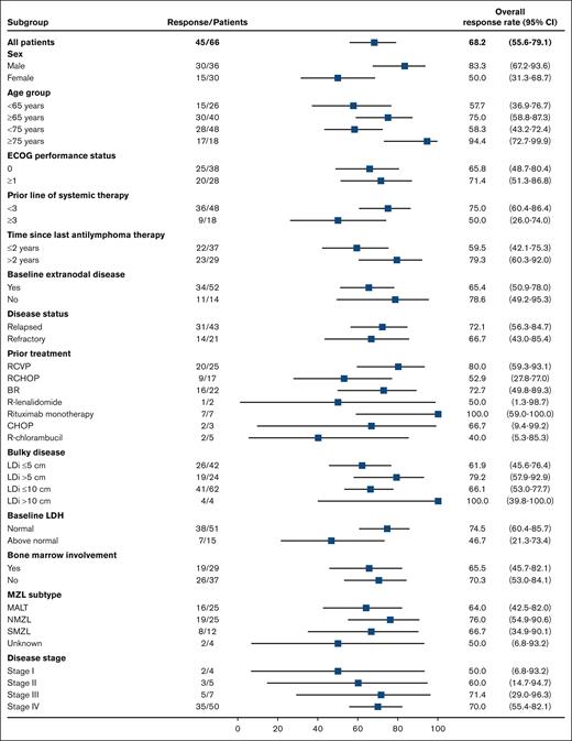 IRC-assessed ORR in prespecified subgroups (efficacy analysis set). Figure is adapted and updated from Opat S et al.11(Fig2) BR, bendamustine + rituximab; CHOP, cyclophosphamide + doxorubicin + vincristine + prednisone; ECOG, Eastern Cooperative Oncology Group; LDi, longest diameter; LDH, lactate dehydrogenase; NMZL, nodal marginal zone lymphoma; R, rituximab; SMZL, splenic marginal zone lymphoma.