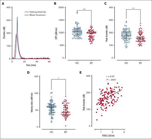 Thrombin generation in children with SCD treated with hydroxycarbamide compared to blood transfusion. Comparisons between the HC and BT cohorts are shown including (A) thrombin generation curves from representative individuals within each cohort; (B) the quantitative parameters of endogenous thrombin potential, (C) peak thrombin, and (D) velocity index. Comparisons between groups were assessed by the Mann-Whitney U test. (E) Correlation between plasma FVIII:C levels and peak thrombin generated. Correlations were evaluated using the Spearman rank correlation test; ∗P < .05, ∗∗P < .01, ∗∗∗P < .001, and ∗∗∗∗P < .0001.
