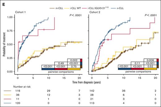 IGLV3-21R110 detection through a mutation-specific polymerase chain reaction assay and its clinical value in 2 independent CLL cohorts. (A) Primer design combining 2 forward primers aligning to distinct regions of the IGLV3-21 gene (green arrows) and 2 R110-specific reverse primers matching the IGLJ1, and IGLJ2/3 genes, respectively (red and orange arrows). A third pair of primers targeting exon 9 of FBXW7 (black arrows) was used as the internal control (top). QIAxcel Advanced System (QIAGEN) capillary electrophoresis image of msPCR analysis. The black arrow indicates the amplification of the internal control (FBXW7 exon 9). The middle and bottom arrows (in green) indicate the 2 bands amplifying in IGLV3-21R110 mutated tumors. (B) Schema of the cohorts studied. (C) Frequency of IGLV3-21R110 mutations in CLL subtypes in cohort 1 (top) and cohort 2 (bottom). (D) Distribution of the IGHV mutational load (% IGHV identity) and epigenetic subtypes within M-CLL, IGLV3-21R110 CLL, and U-CLL. (E) Comparison of TTFT among patients with CLL stratified according to epigenetic subtypes and IGLV3-21R110 in cohort 1 (left) and cohort 2 (right). C+, positive control; C–, negative control; DFCI, Dana-Farber Cancer Institute (∗120 CLL from DFCI has been previously published in reference14; Nadeu et al6); n-CLL, naïve-like CLL; R110, sample positive for IGLV3-21R110; UHH, University Hospital Heidelberg (cohort described in reference15; no IGLV3-21R110 analysis performed in this previous publication); WT, wild type (ie, sample negative for IGLV3-21R110).