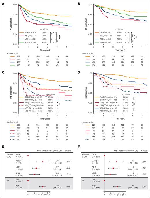 Prognostic significance of molecular classification of DLBCL. (A,B) Kaplan-Meier curves represent PFS and OS, per the molecular subtypes. (C,D) Kaplan-Meier curves showing OS according to the molecular subtypes combined with 2 IPI risk groups: low/low-intermediate–risk IPI group (low) and high/high-intermediate–risk IPI group (high). (E,F) Forest plots show the results of multivariable analyses (PFS and OS). IPI scores were classified into 2 groups as described earlier. DPE, dual protein expressor; ns, not significant; PR, primary refractory. ∗P < .05; ∗∗P < .01; ∗∗∗P < .001; ∗∗∗∗P < .0001.