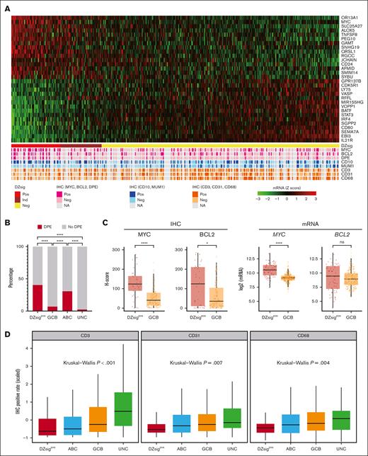 Phenotypic characterization of the DZsig. (A) Heat map represents the 30 informative DZsig genes shown as rows, and the 432 patients with GCB or DZsigpos-DLBCLs shown as columns. Arrayed below the heat map are immunohistochemical characteristics of the tumors. (B) Bar plots show the proportion of MYC/BCL2 DPEs, per molecular subtypes. (C) Box plots showing H-score (left) of c-MYC and BCL2, and messenger RNA expression (right) of MYC and BCL2 in DZsigpos tumors vs GCB tumors, compared using Wilcoxon rank-sum test. (D) Comparison of mean z scores of IHC-positive rate for each antibody per molecular subtypes. mRNA, messenger RNA.