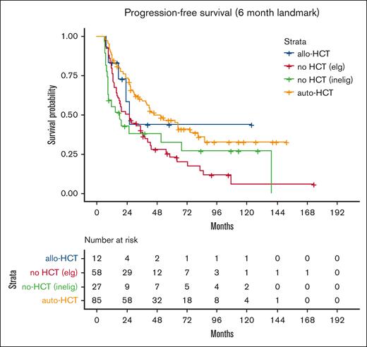 PFS for each group. auto-HCT, autologous hematopoietic cell transplant. elg, eligible; inelig, ineligible.