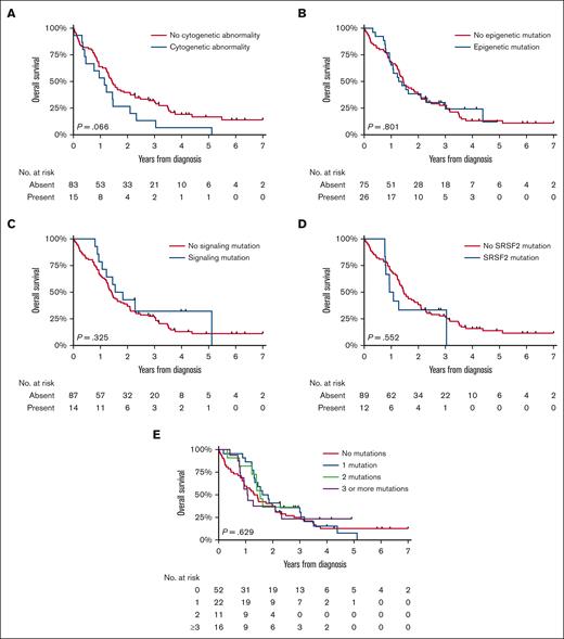 OS of patients with MDS/MPN with neutrophilia in the Netherlands, from 2014 to 2019. The panels show the OS of patients with MDS/MPN with neutrophilia diagnosed during 2014 to 2019 according to the presence of (A) cytogenetic abnormalities, (B) epigenetic mutations, (C) signaling mutations, and (D) SRSF2 mutations and (E) the number of molecular mutations. The median OS and the 1-, 5-, and 10-year OS according to the characteristics shown in panels A-E are presented in supplemental Table 2.