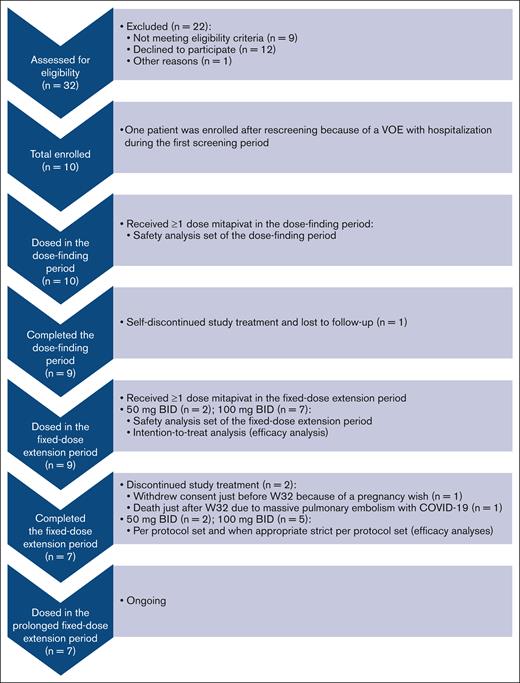 Study flowchart for the reported fixed-dose extension period analysis. The study flowchart of this nonrandomized phase 2 trial is adapted from the format of the Consolidated Standards of Reporting Trials (CONSORT) flow diagram for randomized trials. Examples why patients did or could not participate included personal reasons such as a busy schedule, not willing to participate in experimental studies, or the COVID-19 pandemic and medical reasons such as Hb level >11.1 g/dL at baseline, no adequate organ function (ie, elevated transaminase levels), or a wish for children. n, number of patients.