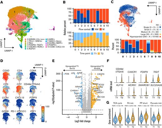 High-resolution mRNA expression change from HDACi therapy. (A) UMAP projection of CD3+ T-cell clusters. (B) Relative percentage of flow-sorted malignant (CD3+CD4+CD5brightSSChi) and nonmalignant (CD3+CD4+CD5intSSCint) T cells by cluster and relative percent of clusters by initial sample collection (T1) and 9 months later on HDACi therapy (T2). (C) UMAP projection with the frequency of TCR V(D)J-based clonotype attached into the following grouping: hyperexpanded (200 < X ≤ 15 100), large (20 < X ≤ 200), medium (5 < X ≤ 20), small (1 < X ≤ 5), and single copies (X = 1) using the scRepertoire R package22 with the percentage of cells in each clonotype category in the lower bar chart. (D) Percent of cells expressing selected common markers for CTCL across the UMAP projection. (E) Volcano plot of differential genes based on the comparison of T2 vs T1 malignant T cells. Significant genes, as defined by 1 > log-fold change < −1 and Bonferroni P value < .05, highlighted in colors. (F) Violin plots relative mRNA expression of selected immune, epigenetic, and resistance factor genes for T1 and T2 malignant cells. (G) Violin plots of ssGSEA enrichment of selected metabolic gene sets for T1 and T2 malignant cells.