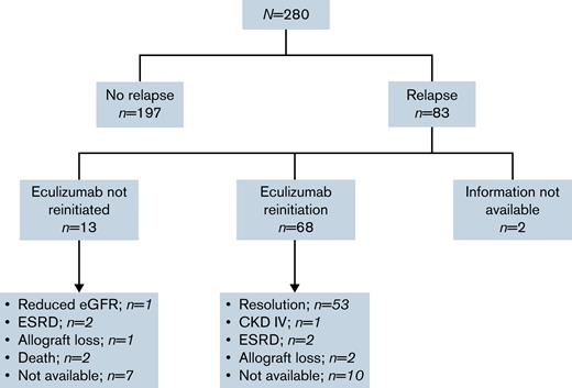Flow of clinical outcomes of patients after eculizumab discontinuation. Slowly progressive proteinuria and worsening renal function over 3 months prior to reinitiation of eculizumab in setting of a patient with baseline CKD KDIGO IIIA and a CFH variant that stabilized at an eGFR of 29 mL/min at last follow-up.2 Progressive worsening renal function and long-term dialysis need27 and progressive worsening of kidney function despite eculizumab reinitiation in setting of an MCP variant and progression to CKD KDIGO V requiring renal transplantation.3 Postinfectious TMA relapse on a kidney allograft with initial stabilization of renal function after eculizumab reinitiation subsequently developed overlapping acute tubular necrosis due to a second insult leading to progressive renal function loss over 6 months and, ultimately, allograft loss29 and posttransplant recurrence of TMA in patient with CFI NOS variant with no response to 3 months of eculizumab retrial and subsequent allograft loss.47 CKD, chronic kidney disease; eGFR, estimated glomerular filtration rate; ESRD, end-stage renal disease.