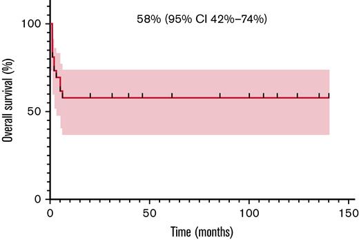 Overall survival (OS) in 27 R/R ALK ± patients with lymphoma.