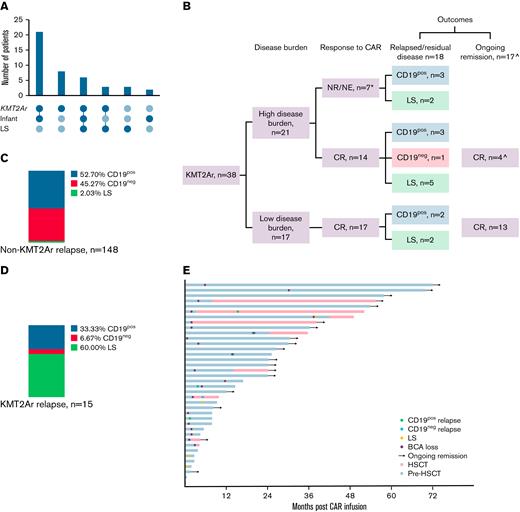 Outcomes for patients with KMT2Ar ALL. (A) Intersection graph showing association between KMT2Ar, infant ALL diagnosis and lineage switch. (B) Flow diagram showing overall outcomes of patients with KMT2Ar ALL following CD19 CAR. ∗2 patients died of CAR toxicity; ˆ1 died of post-HSCT TRM. CR, complete remission; NE, nonevaluable; NR, nonresponse (including partial response, stable disease, and progressive disease). (C) Relapse phenotype of non-KMT2Ar patients. (D) Relapse phenotype of KMT2Ar patients. (E) Outcomes for individual patients with KMT2Ar ALL.