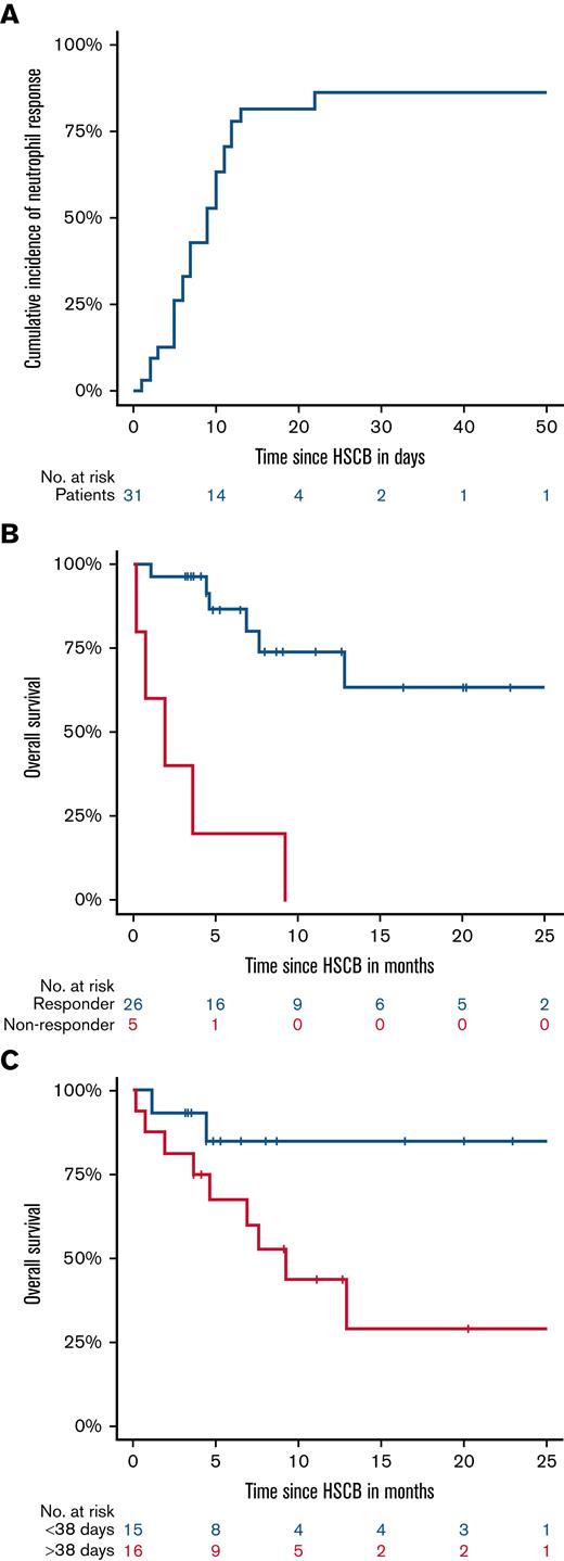 (A) Cumulative incidence of response (recovery or improvement), overall survival according to response (B), and duration of neutropenia before hematopoietic stem cell boost (C). A response was observed in 26 patients (84%), and the median time to response after the boost was 9 days (95% CI, 7-14) in all patients. All nonresponders died within the first year after HSCB, showing 1-year OS of 0% vs a 1-year OS of 74% (95% CI, 54-94; P < .001) for responders. The 1-year OS for neutropenia ≤38 days was 85% (95% CI, 65-100) vs 44% (95% CI, 27-61; P = .029) for neutropenia >38 days before HSCB.