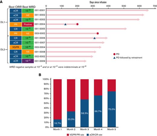 Objective responses in patients treated with CART-ddBCMA. Responses were assessed according to the IMWG consensus criteria. MRD status is also indicated along with extent of MRD, presented as the number of multiple myeloma cells detected in the bone marrow per 1 × 104, 1 × 105, or 1 × 106 total nucleated cells. An MRD of ≤1 × 10−4 is considered MRD-negative. (A) The best responses for each patient are shown, grouped by dose cohorts. (B) OR and sCR/CR rate over time.