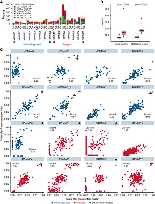 WES of the PC compartment from paired samples. (A) Number of total mutations as well as transitions and transversions from bone marrow and lesion (OL) for each individual patient. No significant differences between lesion and marrow were found for number of mutations and transitions/transversions in both NDMM and RRMM. (B) Significantly more mutations were found in patients with RRMM compared with NDMM in both locations. (C) Scatterplots of variant allele frequencies in the bone marrow (x-axis) and lesion (y-axis) in NDMM (blue) and RRMM (red). Jaccard indices were calculated to quantify overlap between paired samples. The largest numbers of unshared mutations were found in patients with EMD (indicated by black stars). BM, bone marrow.