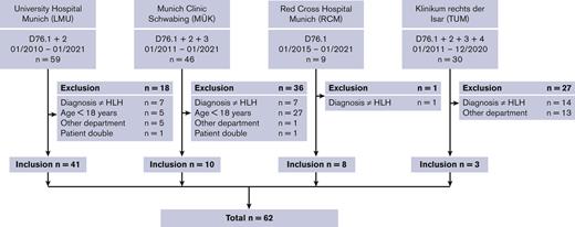 CONSORT diagram of patient inclusion. The search-related ICD-10 codes and time spans, numbers, and reasons for exclusions, and the total of included patients per hospital is shown.