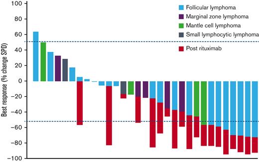 Outcomes of patients evaluable for response (N = 31). Best response as measured by % change in SPD of index lesions. Color corresponds to histology of iNHL. Change in SPD after course of rituximab indicated by red bars. SPD, sum of product of diameters.