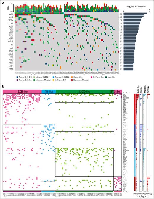 Identification of groups of tumors with coordinate genetic signatures in patients with rrDLBCL. (A) A heat map showing individual mutations in 105 patient samples color coded by mutation type. The top plot shows the absolute number of oncogenic mutations in each patient. The graph on the right shows the number of mutations in each gene. Percentages represent the fraction of tumors with at least 1 mutation in the specified gene. Fifty recurrently and significantly mutated genes are sorted according to their mutational frequencies. Genes with a mutation frequency >5% are shown. (B) Nonnegative matrix factorization consensus clustering was performed on mutated genes in the 105 DLBCL samples. Clusters with their associated landmark genetic alterations are shown. Distinct clusters are identified by color. Genetic alterations that were positively associated with each cluster were identified by 1-sided Fisher's exact test and ranked by frequency. P < .05, right.