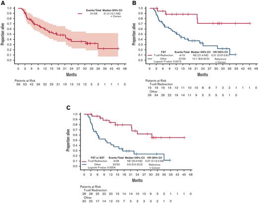Salvage therapy with T-cell redirection enhances OS. (A) OS of the full cohort of 58 patients. (B) OS of 19 patients receiving T-cell redirection as the FST compared with 39 patients receiving all other types of treatments. (C) OS of 28 patients receiving T-cell redirection as FST or SST compared with 30 patients receiving all other types of treatments.