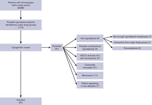Flowchart of included patients. Clinical and cytogenetic data from 112 children were provided. After cytogenetic review, 81 patients were included. The main exclusion reason was composite karyotype followed by no hypodiploidy. Numbers in () denotes number of patients.