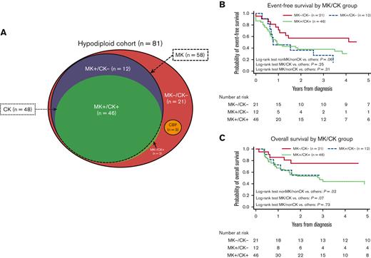 Distribution and survival of monosomal karyotype (MK) and complex karyotype (CK) within the cohort. Distribution of MK/CK within the cohort (A). Event-free survival by MK/CK group (B). Dichotome log-rank tests: MK−/CK−: P = .06; MK+/CK−: P = .31; MK+/CK+: P = .32. OS by MK/CK group (C) Dichotome log-rank tests: MK−/CK−: P = .02; MK+/CK−: P = .73; MK+/CK+: P = .07.
