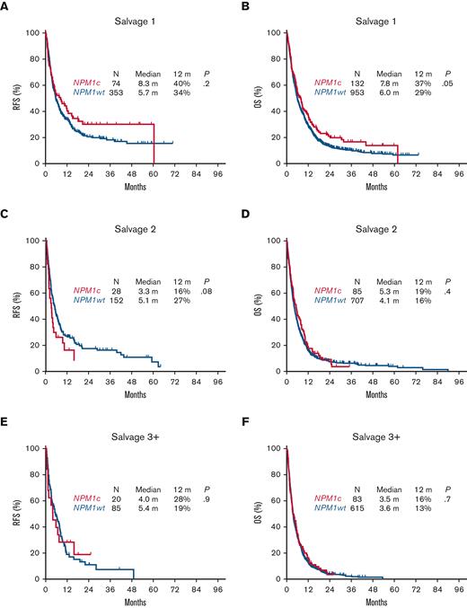 Relapse-free survival and overall survival for patients with relapsed or refractory AML with NPM1c by line of therapy. (A) Relapse-free survival following S1. (B) Overall survival following S1. (C) Relapse-free survival following S2. (D) Overall survival following S2. (E) Relapse-free survival following S3+. (F) Overall survival following S3+.