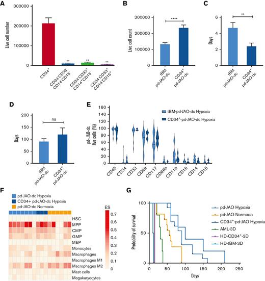 Stem cells origin of JMML propagating cells. (A) Cell count of pd-JAO-dc from isolated subpopulations (ie, CD34+, CD34–CD33–CD14–CD15–, CD34–CD33+CD14+CD15–, and CD34–CD33+CD14–CD15+) on day 15 derived from 5 patients at diagnosis of JMML; ∗∗P ≤ .01. (B) pd-JAO-dc cell count on day 15 (tBM pd-JAO-dc N = 33, CD34+-pd-JAO-dc N = 12), (C) time of sprouting from the 3D system (tBM pd-JAO-dc N = 13, CD34+-pd-JAO-dc N = 5), (D) death of the pd-JAO (tBM pd-JAO-dc N = 12, CD34+-pd-JAO-dc N = 3), and (E) immunophenotype analysis of pd-JAO-dc obtained from total BM and CD34+ enrichment maintained under hypoxia. Bars are shown as mean ± SEM. ∗∗P ≤ .01; ∗∗∗∗P ≤ .0001; ns, not significant by unpaired t test with Welch's correction. (F) Portrayal of the cellular heterogeneity landscape of pd-JAO-dc whole transcriptomic profiling. The heat map shows the cell type Enrichment Score based on the xCell software results. A deconvolution approach was applied to compare the gene expression profile data of tBM and CD34+pd-JAO-dc maintained under normoxia and hypoxia to gene signature of pure HSCs, progenitors, and mature myeloid derived cells. (G) Kaplan-Meier estimate survival analysis for 3D systems generated from different cell sources: CD34+ enriched cells and tBM of patients with JMML at diagnosis in hypoxia and normoxia, patients with acute myeloid leukemia (AML) at diagnosis, tBM, and CB-34+ from healthy donors. Log-rank (Mantel Cox) P values were calculated across all the subtypes.