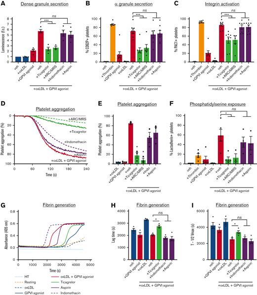 P2YR antagonists but not COX inhibitors reduce oxLDL potentiation of platelet GPVI responses. (A) Replicate samples (n ≥ 3) of washed human platelets (2 × 108/mL; in modified HEPES/Tyrode buffer without addition of calcium) were treated with P2YR inhibitors ticagrelor (750 nM) and ARC/MRS (10 μM), and COX inhibitors aspirin (1 mM) and indomethacin (10 μM) for 10 minutes and stimulated with oxLDL (20 μg/mL) in combination with GPVI-specific agonist CRP-XL (0.5 μg/mL). Platelet samples were monitored using the luciferase enzyme CHRONO-LUME to detect the luminescence of ATP released as a measure of platelet dense granule secretion. (B) Platelets were stained with APC-CD62P to monitor for platelet surface expression of P-selectin and (C) stained with FITC-PAC-1 to monitor for platelet surface integrin activation. Statistical analysis was performed using a one-way ANOVA test and the corresponding P values of significance are as indicated: ∗∗∗P < .001. (D) Replicate samples (n = 4) of washed human platelets (2 × 108/mL) were treated with P2YR inhibitors ticagrelor (750 nM) and ARC/MRS (10 μM), and COX inhibitors aspirin (1 mM) and indomethacin (10 μM) for 10 minutes and stimulated with oxLDL (20 μg/mL) in combination with GPVI-specific agonist CRP-XL (0.5 μg/mL). Platelet samples were monitored at 37°C under continuous stirring at 1200 rpm and the changes in light transmission were measured. (E) Representative traces of platelet samples treated with each select inhibitor are shown and quantified. (F) Platelets were stained with FITC-lactadherin to monitor for platelet surface PS exposure. (G) Platelet samples were incubated with CaCl2 (8.3 mM) and citrated PPP (33% final). Fibrin formation was measured as a change in turbidity at an absorbance of 405 nm. (H-I) Representative traces are shown and the lag time and time to half the maximum absorbance were calculated. Statistical analysis was performed using a one-way ANOVA test and the corresponding P values of significance are as indicated: ∗P < .05; ns, not significant.