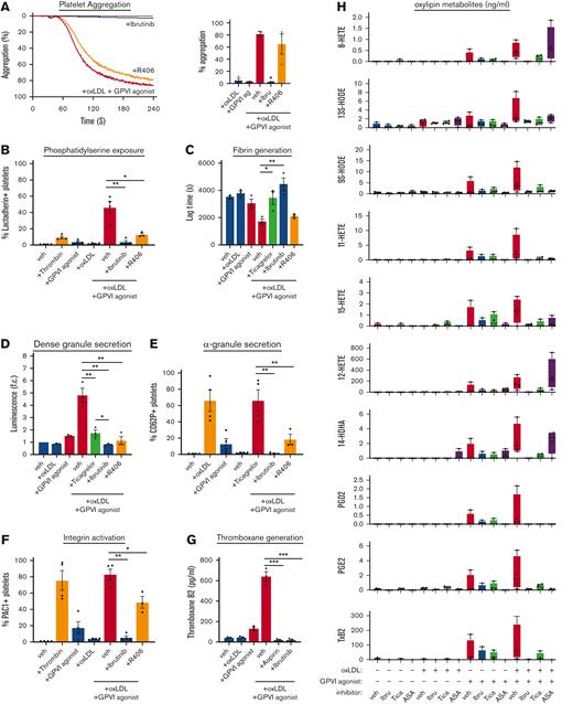 BTK and Syk inhibitors reduce oxLDL potentiation of platelet hemostatic and procoagulant activity. (A) Replicate samples (n = 4) of washed human platelets (2 × 108/mL; in modified HEPES/Tyrode buffer without addition of calcium) were treated with BTK inhibitor ibrutinib (10 μM) or Syk inhibitor R406 (10 μM) for 10 minutes and stimulated with GPVI-specific agonist CRP-XL (0.5 μg/mL) in combination with oxLDL (20 μg/mL). Platelets were monitored at 37°C under continuous stirring at 1200 rpm and the changes in light transmission were measured. Representative platelet aggregation traces of platelet samples treated with each select inhibitor are shown. (B) Platelets were stained with FITC-lactadherin to monitor for platelet surface PS exposure. Platelet samples were incubated with CaCl2 (8.3 mM) and citrated PPP (33% final). Fibrin formation was measured as a change in turbidity at an absorbance of 405 nm and the lag time (C) was quantified. (D) Platelets were monitored using the luciferase enzyme CHRONO-LUME to detect the luminescence of ATP released as a measure of platelet dense granule secretion, stained with APC-CD62P to monitor for platelet surface expression of P-selectin as a marker of α-granule secretion (E), and stained with FITC-PAC-1 to monitor for platelet surface integrin activation (F). Following the platelet aggregation assays shown in panel A, platelet supernatants were extracted and analyzed for thromboxane generation by ELISA (G). Additional platelet supernatant samples were similarly prepared from platelets treated with oxLDL, CRP-XL, and inhibitors of interest to measure levels of indicated oxylipin metabolite levels with mass spectrometry (H). Statistical analysis was performed using a one-way ANOVA test and the corresponding P values of significance are as indicated: ∗P < .05, ∗∗P < .01, and ∗∗∗P < .001. ELISA, enzyme-linked immunosorbent assay.