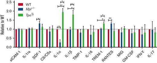 Proinflammatory BM microenvironment in TpoTg mice. Cytokine and chemokine analysis of BM fluid from WT, Mpl−/−, and TpoTg mice with Proteome profiler array (mouse cytokine array panel A). The figure includes cytokine and chemokines that were detected in BM fluid and excludes proteins that were below detection level. n = 4 samples per genotype. Each sample was combined from 2 mice of the same genotype (a total of 8 mice were included per genotype). Data are presented as mean ± SEM. Only significantly different changes are indicated. 3 independent experiments. Student unpaired t test. ∗P < .05, ∗∗P < .005.
