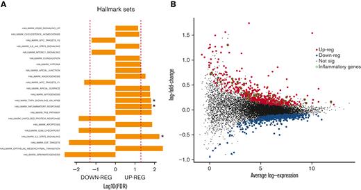 Inflammatory response in Eμ-myc lymphoma cells residing in TpoTg mice. (A) Pathway analysis of hallmark gene sets in blood-residing Eμ-myc lymphoma cells of TpoTg mice was compared with WT mice. Significantly upregulated pathways associated with inflammation are indicated with asterisks. (B) Differentially expressed genes are presented in a mean difference plot when comparing blood-residing Eμ-myc cells of TpoTg mice with WT mice. Significantly upregulated genes are indicated in red and downregulated genes in blue. Significantly upregulated genes associated with an inflammatory response are circled in green. They include hallmark gene sets: inflammatory response, IL-2 STAT 5 signaling, and TNF-α signaling via NF-κB. FDR, false discovery rate.