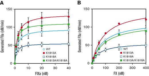 Effects of FVIII K1813A, K1818A, and K1813A/K1818A mutants on the kinetics of FIXa-catalyzed FX activation. (A) FIXa association. FVIII WT or mutants (1 nM) were activated by thrombin (30 nM) for 30 seconds in the presence of PL vesicles (20 μM). FXa generation was initiated by the addition of FX (300 nM) and various concentrations of FIXa (0-40 nM). (B) FX association. The WT or mutant FVIII (1 nM) was activated by thrombin (30 nM) for 30 seconds in the presence of PL vesicles (20 μM). FXa generation was initiated by the addition of FIXa (40 nM) and various concentrations of FX (0-400 nM). WT, open circles; K1813A, closed circles; K1818A, open squares; and K1813A/K1818A, closed squares. Experiments were performed 3 separate times, and the average and standard deviation values are shown. The initial rates of FXa generation were plotted as a function of FIXa or FX concentration and fitted to Equation 1 using nonlinear least-squares regression.