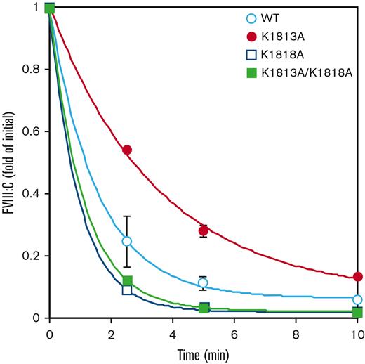 Comparison with FVIIIa stability of WT and K1813A mutant. FVIII WT or mutant (1 nM) were incubated with thrombin (30 nM) before measuring FVIII activity at the indicated times in a 1-stage clotting assay. The symbols used are defined in Figure 1. FVIIIa activity was expressed as the fold change of the initial value and was plotted as a function of incubation time. The experiments were performed 3 times, and the average and standard deviation calculations are shown. The data were fitted to the formula given in Equation 2.