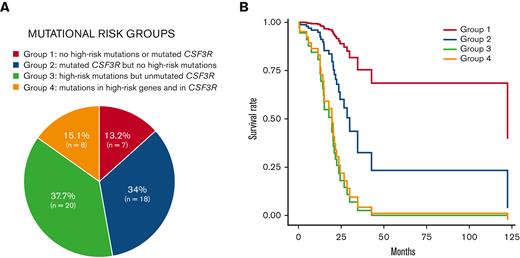 Molecular risk of CNL/aCML. (A) shows the percentage and number of patients in each group and (B) the survival of different groups (curves under a Cox model adjusted by age, sex, and leukocyte count). Group 1 (red, reference group): no high-risk mutations or mutated CSF3R; group 2 (blue, HR 4.5, P = .192): mutated CSF3R but no high-risk mutations; group 3 (green, HR 18.0, P = .012): patients with high-risk mutations but unmutated CSF3R; group 4 (orange, HR 15.6, P = .003): patients mutated CSF3R and high-risk mutations. High-risk mutations include CBL, CEBPA, EZH2, NRAS, TET2, and U2AF1.