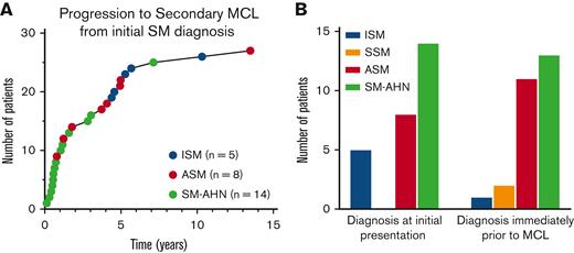 Progression to secondary MCL. Progression to secondary MCL (n = 27). (A) Time to progression to secondary MCL from initial SM diagnosis. (B) Diagnoses immediately before secondary MCL (right bar graph) and at initial presentation (left bar graph).
