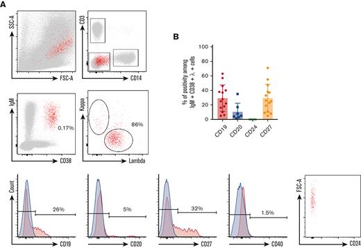 Phenotype of circulating IgM+λ+CD38high cells during KSHV-MCD flare. (A) P1 PBMCs were isolated using Ficoll gradient and stained using the method described in “Material and Methods.” At least 106 events were acquired. Gating strategy was performed as follows: (1) gating on single cells; (2) exclusion of T cells (CD3+) and monocytes (CD14+); (3) gating on IgM+CD38high cells; (4) gating on λ+ cells; and (5) assessment of CD19, CD20, CD24, CD27, and CD40 expression. Retrogating of the IgM+λ+CD38high population was performed on a side scatter/forward scatter (SSC/FSC) dot plot. Positivity threshold was determined on the fluorochrome corresponding isotype (depicted in blue). P1 is shown as a representative example. (B) Percentage of CD19, CD20, CD24, and CD27 positivity among IgM+λ+CD38high circulating cells detected in 14 patients with KSHV-MCD.