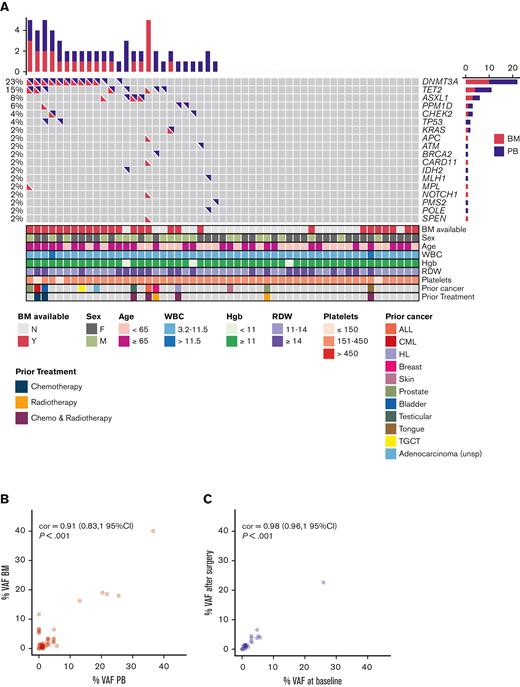 Spectrum of mutations in the pre- and postoperative blood and BM sample of patients with CH. (A) Oncoprint for all study participants based on preoperative PB and BM findings. Each row represents a gene, and each column corresponds to a study participant. Bar plots indicate the number of mutations per patient (top bar plot) and the number of patients with mutations in each gene (side bar plot). For each patient, bottom panels indicate age, sex, prior cancer history, prior exposure to chemotherapy and/or radiation, and blood parameters. (B) VAFs of variants found in the BM are plotted against VAFs of variants found in the corresponding preoperative PB. Most patients showed concordance between VAFs in the BM and VAFs in the preoperative PB. (C) VAFs of variants found in the postoperative PB are plotted against VAFs found on the preoperative baseline PB sample. VAFs in the baseline sample correlated well with postoperative VAFs in follow-up PB samples. Pearson correlation is shown (95% confidence interval) for panels B and C. ALL, acute lymphoblastic leukemia; CML, chronic myeloid leukemia; cor, correlation; Hgb, hemoglobin; HL, Hodgkin lymphoma; RDW, red cell distribution width; TGCT, tenosynovial giant cell tumor; WBC, white blood cells.